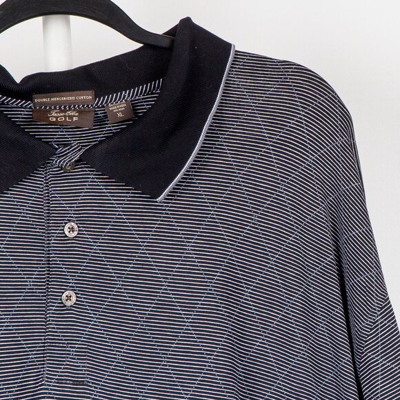 Tasso Elba Golf Polo Shirt XL Black White Striped Diamond Long Mercerized Cotton - Picture 3 of 7